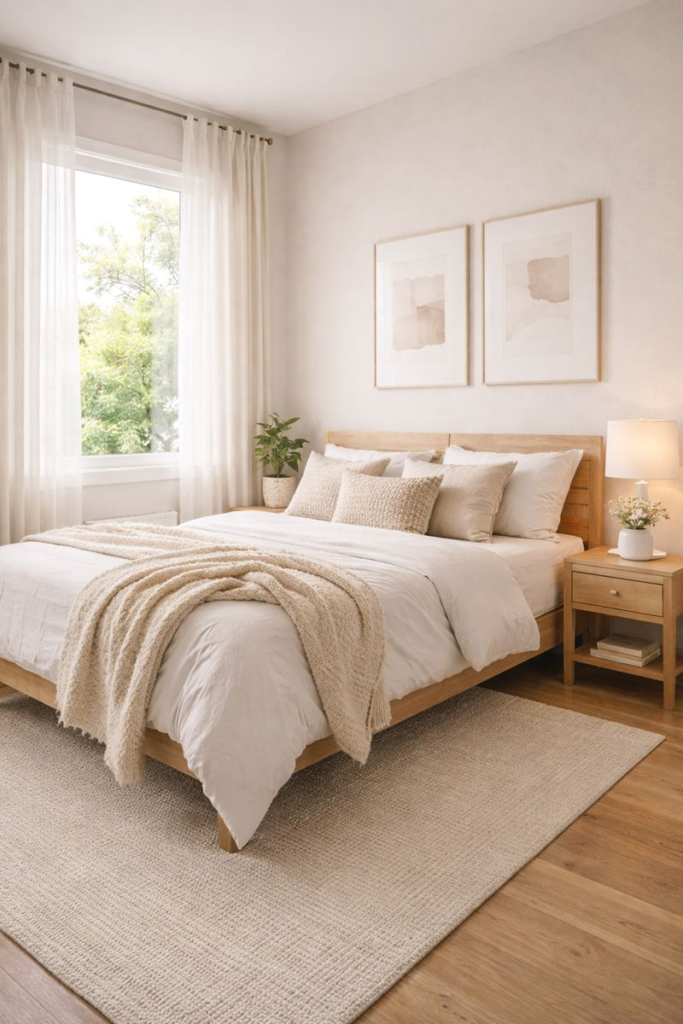 A calm Scandinavian-style bedroom with warm whites, light wood, linen bedding, and soft layered lighting.