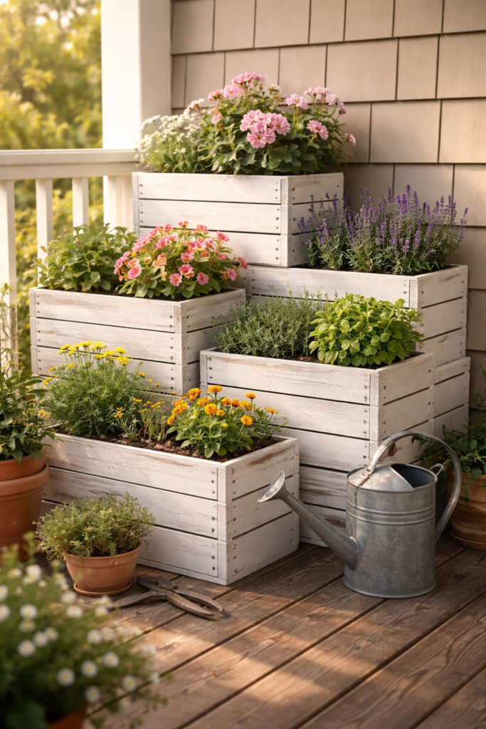 DIY wooden crate planters painted in soft white