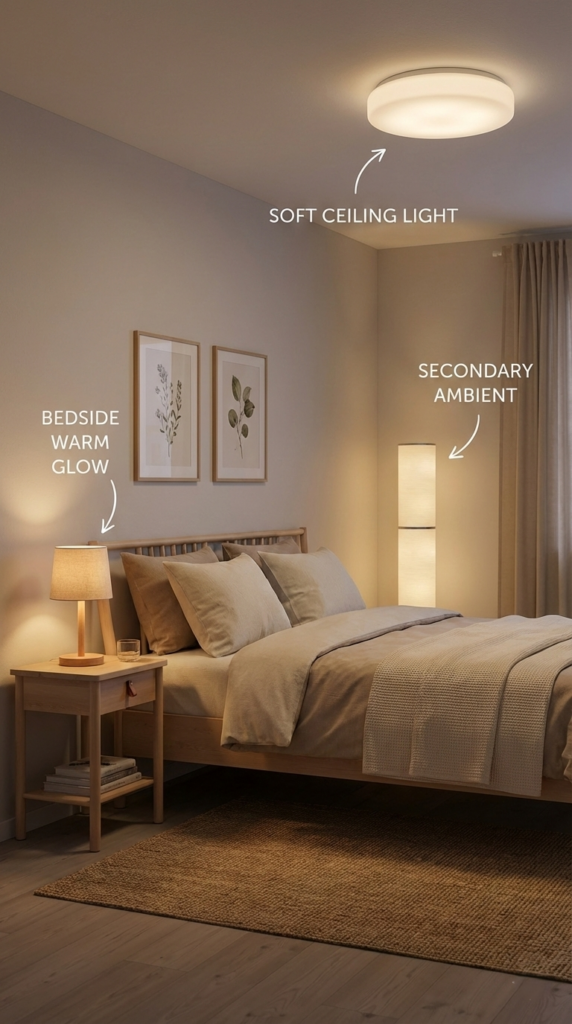 Bedroom showing bedside lamp + secondary lamp + soft ambient overhead (labeled).
Scandinavian bedroom lighting layers 