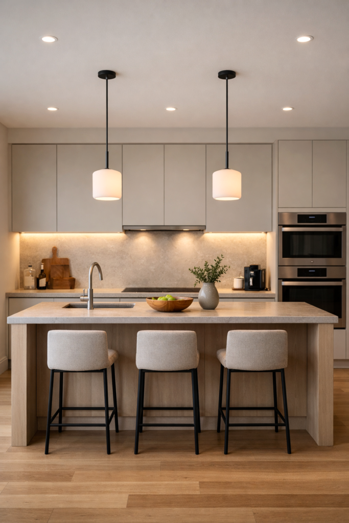 Minimalist Kitchen Lighting That Enhances Design Minimalist kitchen with layered lighting, clean cabinetry, neutral colors, and soft ambient glow creating a calm and elegant atmosphere