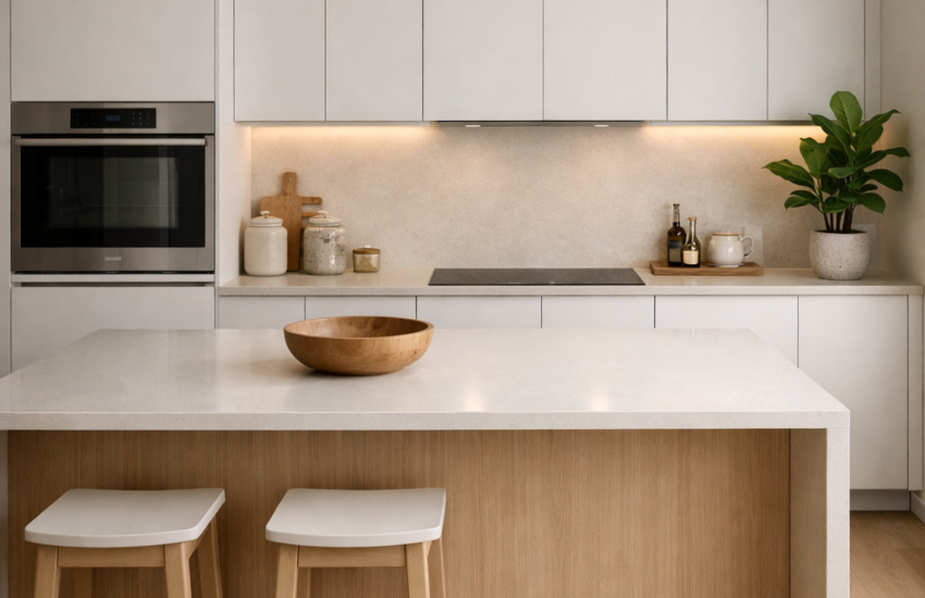 Minimalistic kitchen design with white cabinets, wooden accents, clean countertops, and soft natural lighting creating a modern and amazing look