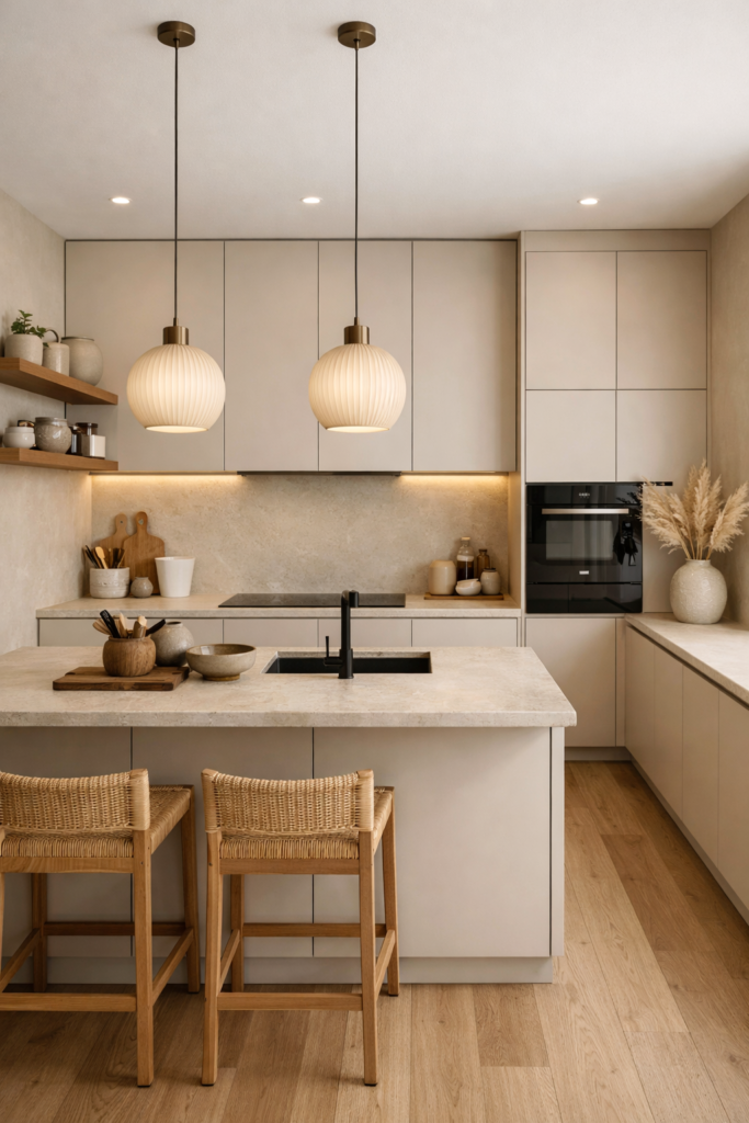Warm Minimalistic Kitchen With Natural Textures Warm minimalistic kitchen design with beige cabinets, wooden textures, clean surfaces, and ambient lighting for a cozy modern look.