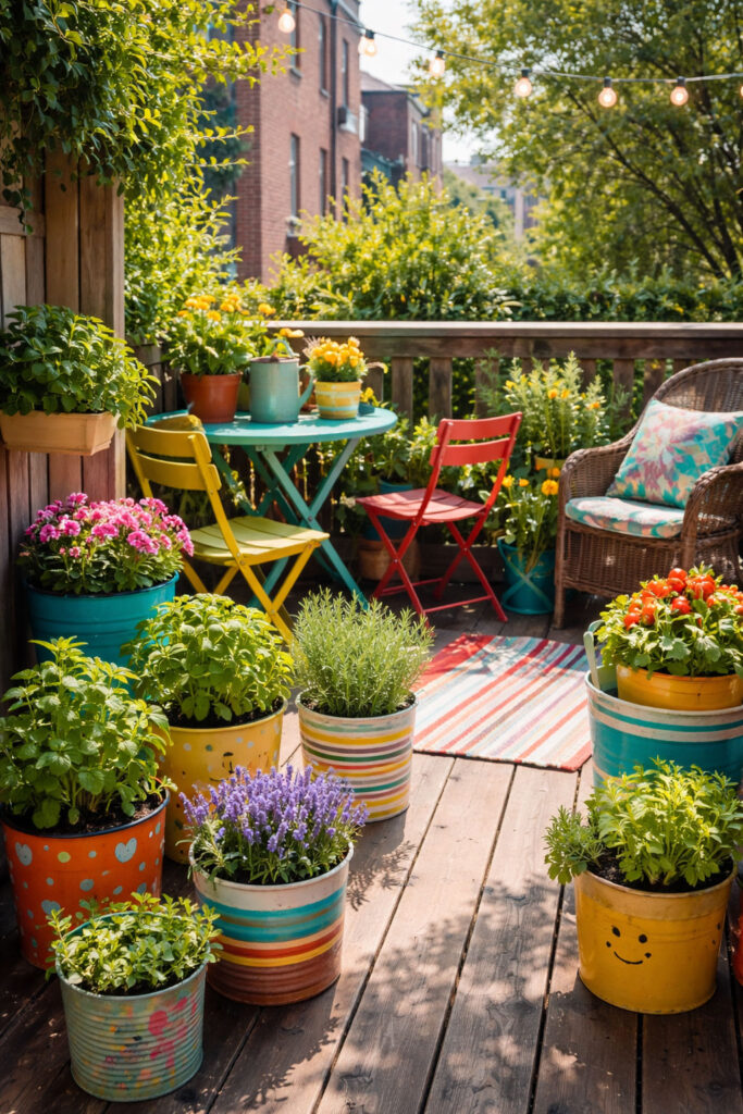 collection of colorful DIY painted pots and recycled container planters