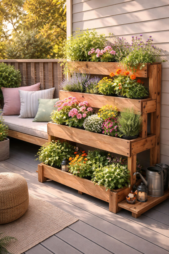 multi-level wooden planter stand filled with colorful flowers and herbs