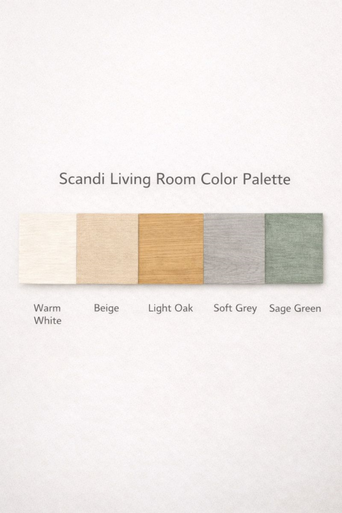  Scandi living room color palette featuring warm white, beige, light oak, soft grey, and a muted accent color.