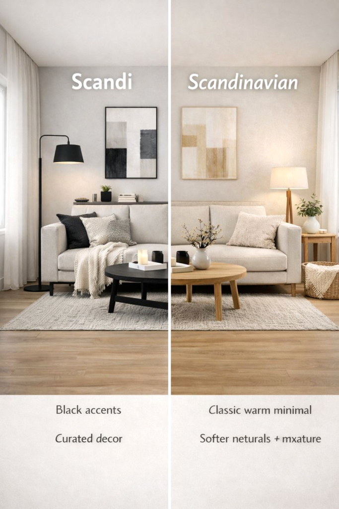 Comparison of Scandi vs Scandinavian living room decor elements including color palette, materials, lighting, and styling.
