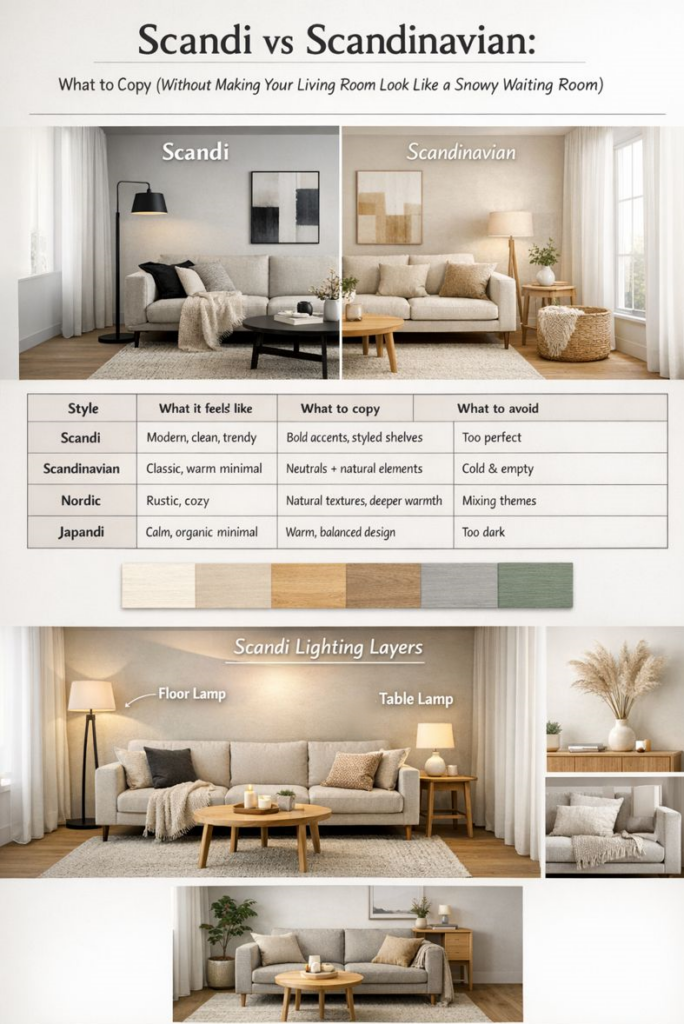 Scandi vs Scandinavian living room decor with neutral palette, light wood, cozy textiles, and soft lighting.