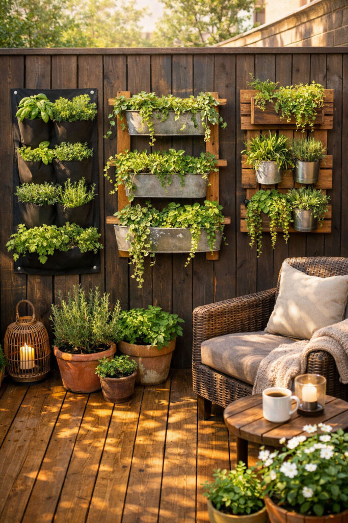 urban deck garden featuring a variety of vertical garden planters