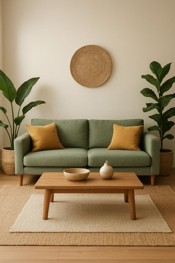 minimalist boho living room with sage green sofa, warm white walls, muted mustard throw pillows