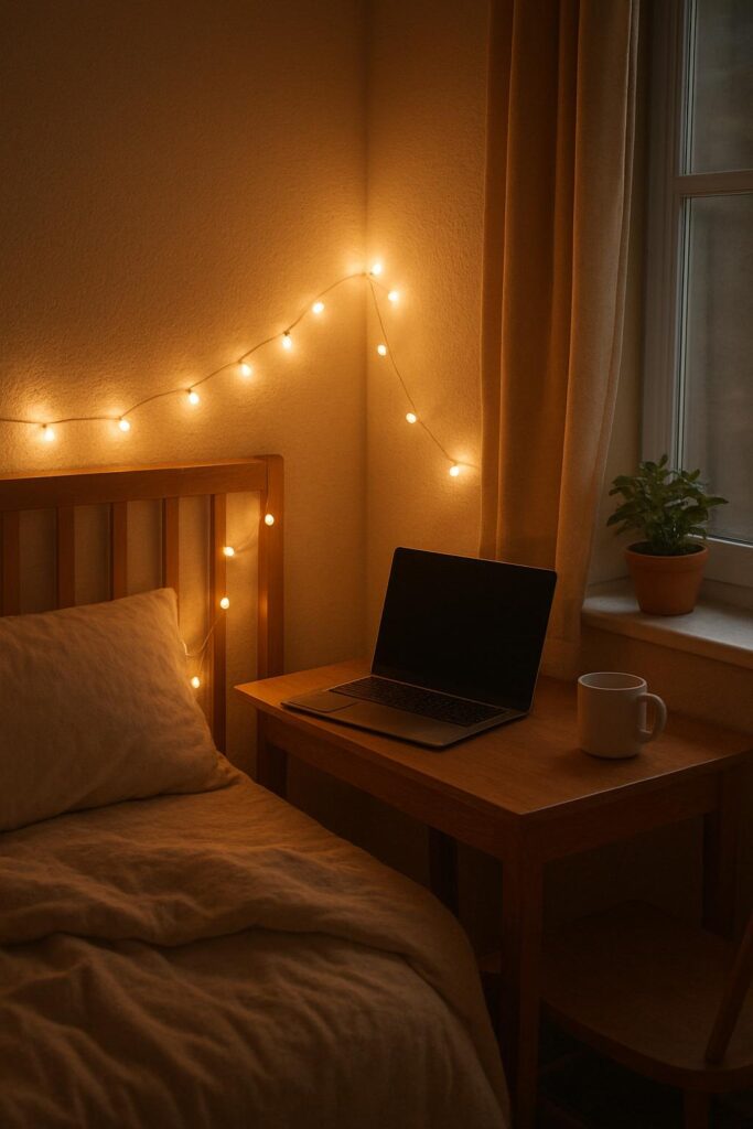 Dorm Room with Warm String Lights Decor